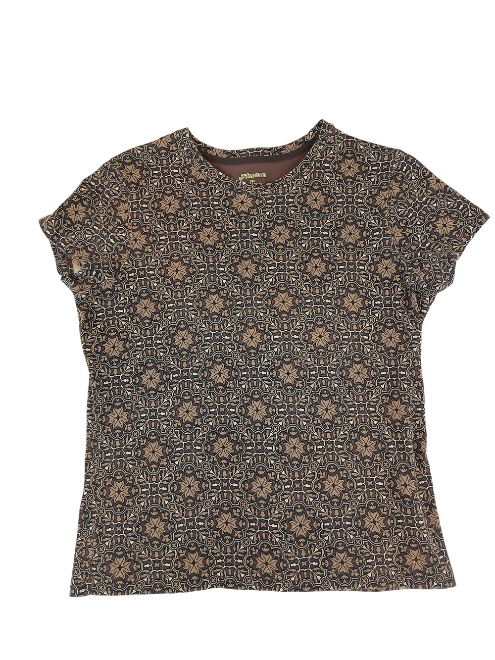 St. John's Bay Shirt Womens Medium Brown Geometric Crew Neck Short Sleeve Cotton